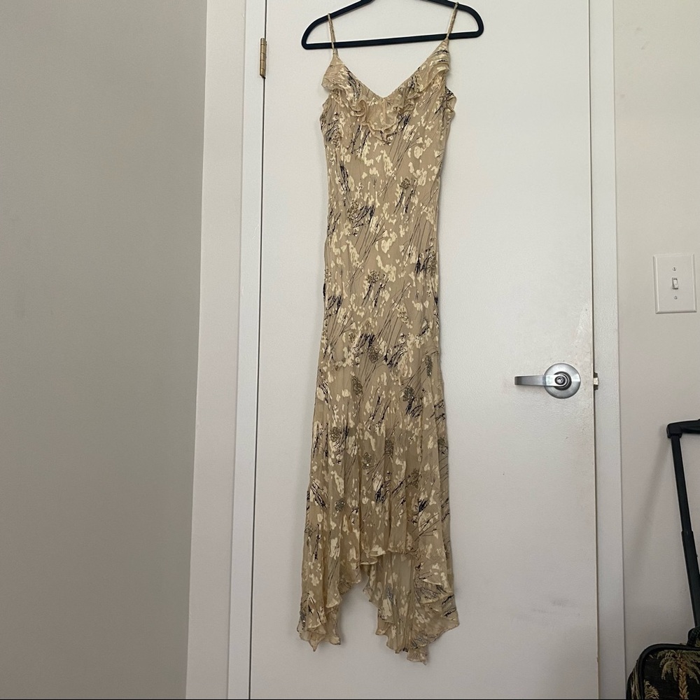 Vintage Y2K asymmetrical hem ruffle slip dress with beading and velvet burnout